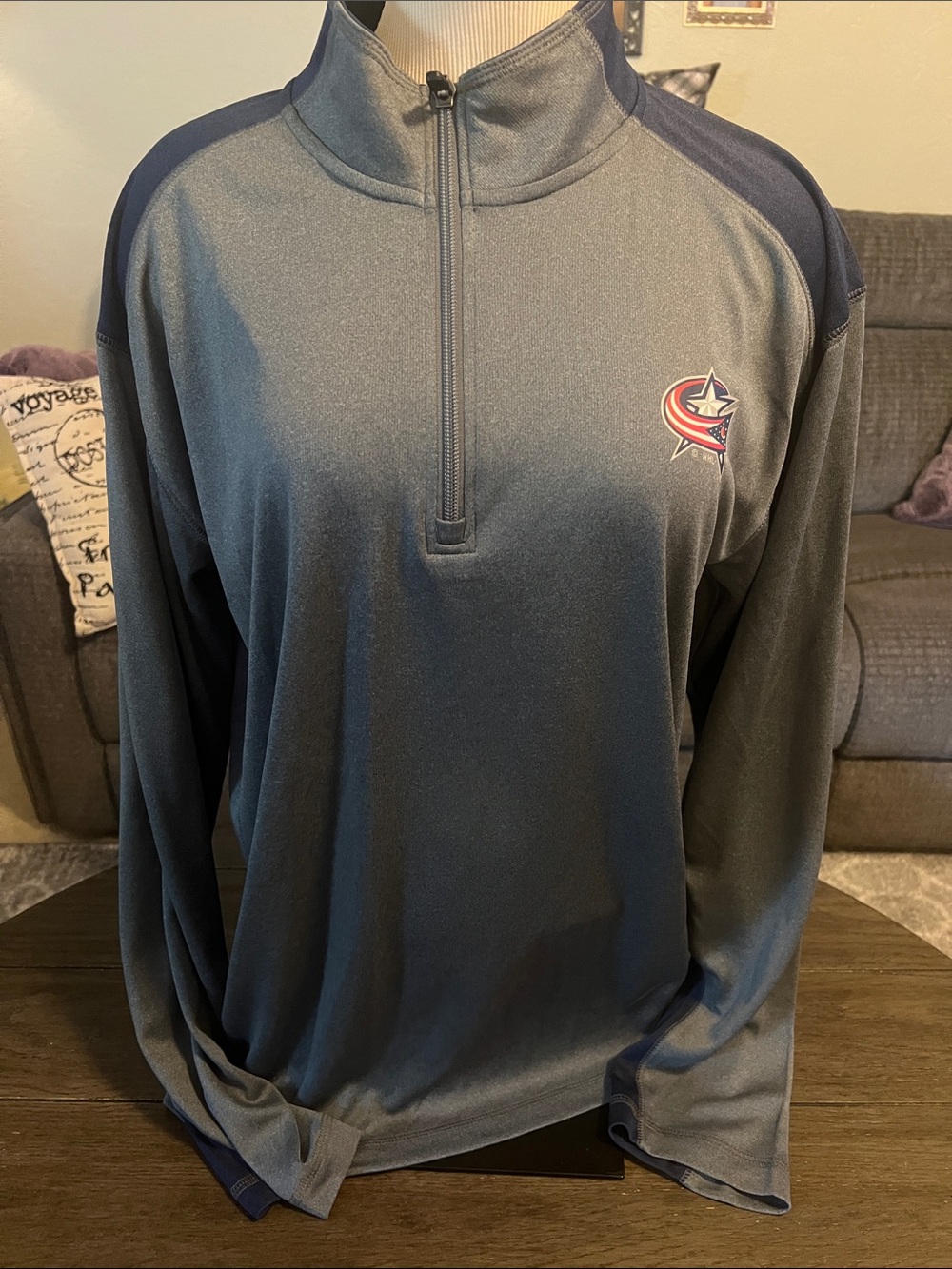 NHL Columbus Blue Jackets Gray and Navy Quarter-Zip Pullover